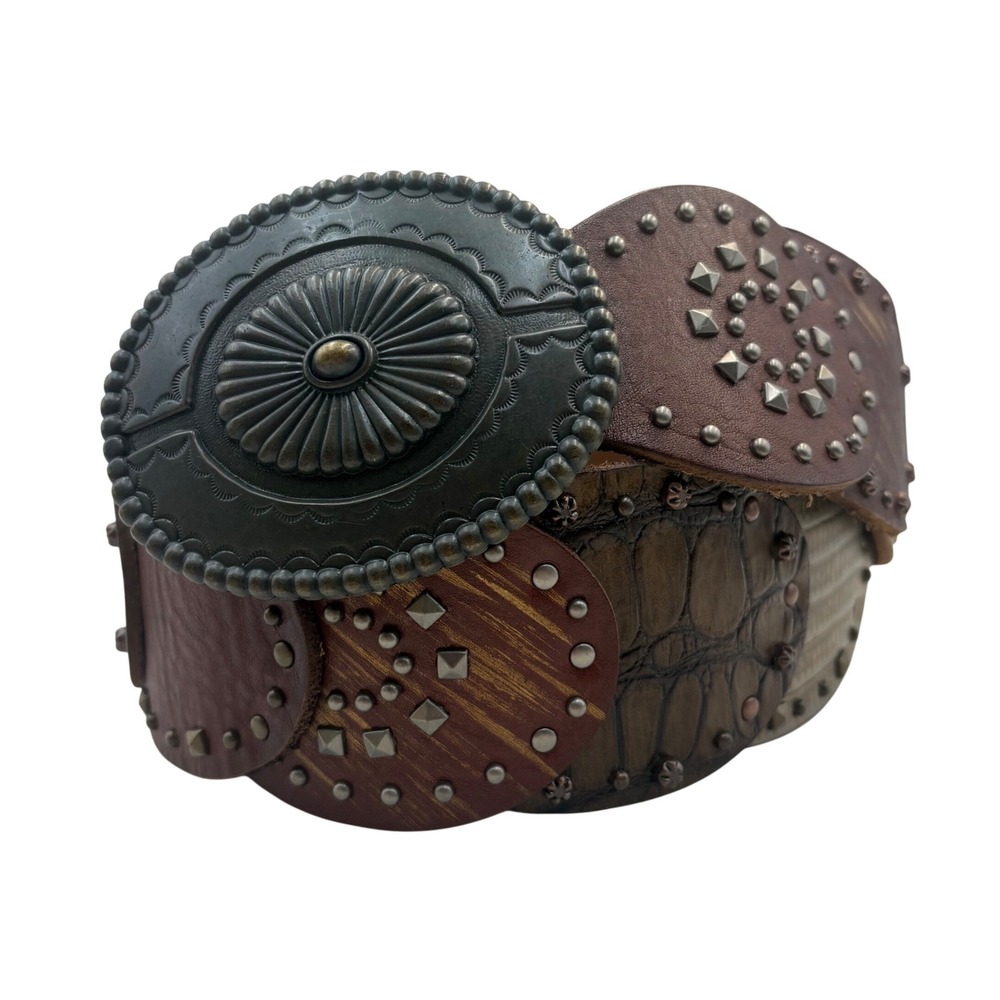 VTG Fossil Disc Leather Belt Women M/L Y2K Brown Stud Concho Western Boho Wide